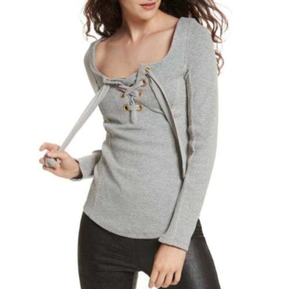 Free People Long Sleeve Top Gray Lace Up M